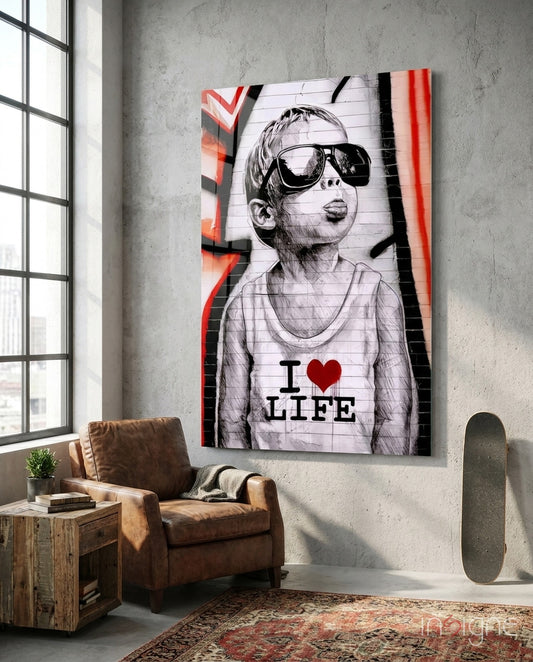I Love Life glass wall art displayed above a chair in a loft