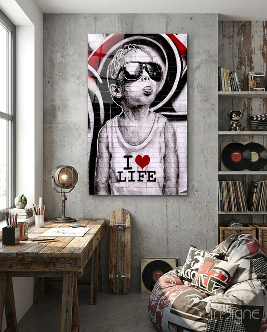 I Love Life glass wall art displayed above a desk in a teen den