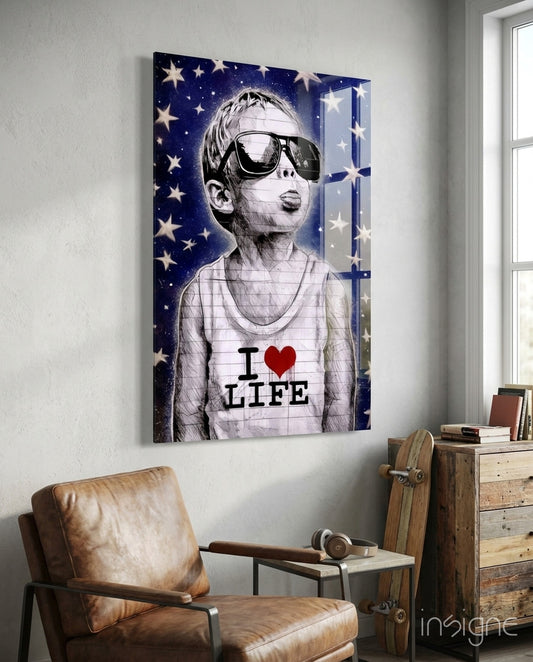 I Love Life glass wall art displayed above a desk in a teen den