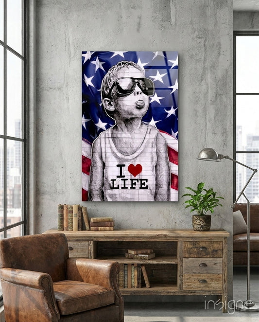 I Love Life glass wall art displayed above a console in a loft