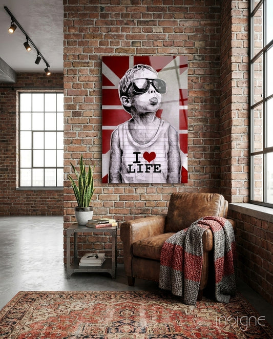I Love Life glass wall art displayed above a console in a loft