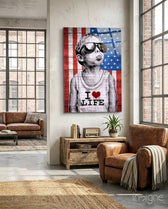 I Love Life glass wall art displayed above a console in a loft