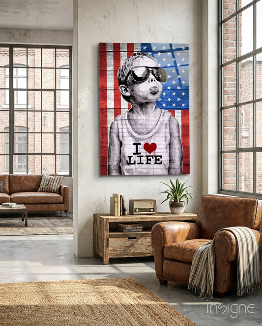 I Love Life glass wall art displayed above a console in a loft