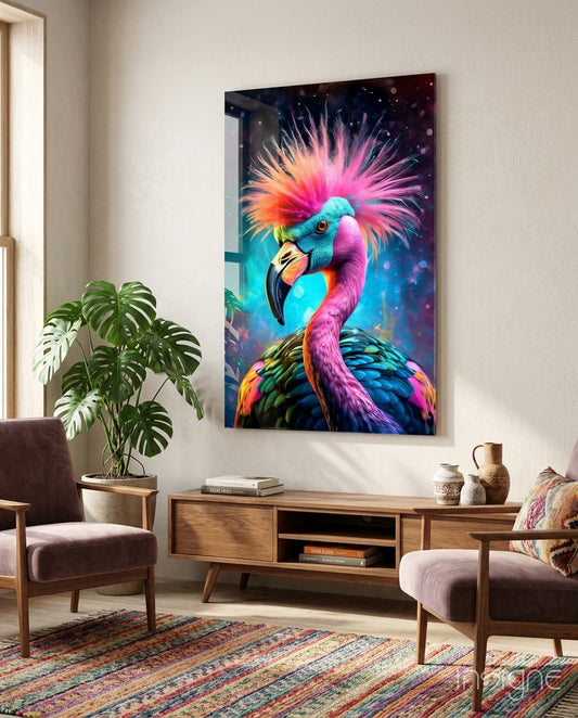Rockamingo glass wall art displayed above a console in a teen den