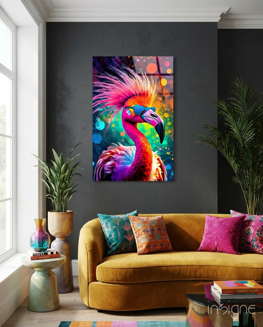Rockamingo glass wall art displayed above a sofa in a living room