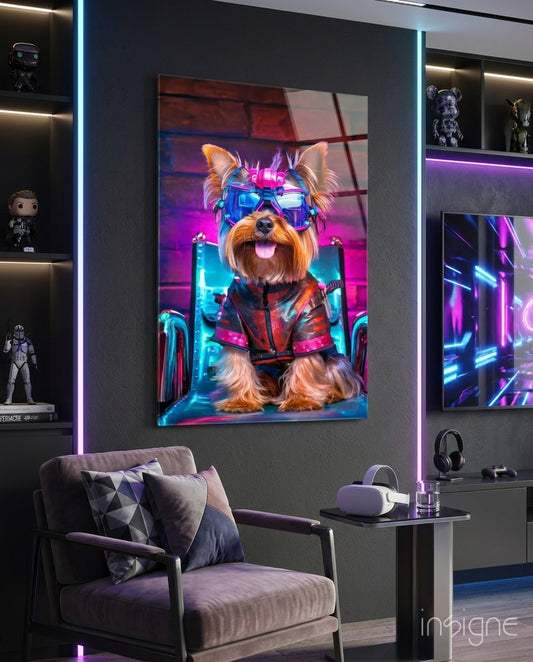 Hip Dog glass wall art displayed above a desk in a gaming room