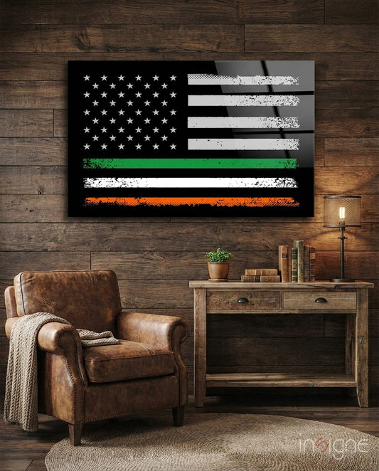 USA Ireland Flag glass wall art displayed above a console in a man cave