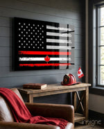 USA Canada Flag glass wall art displayed above a console in a man cave
