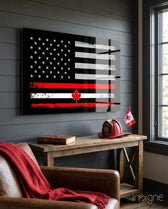 USA Canada Flag glass wall art displayed above a console in a man cave