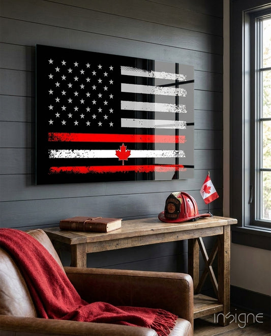 USA Canada Flag glass wall art displayed above a console in a man cave