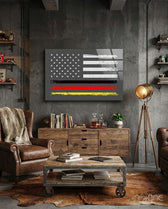 USA Germany Flag glass wall art displayed above a console in a man cave