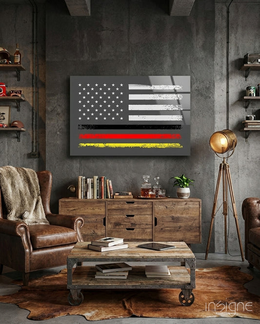 USA Germany Flag glass wall art displayed above a console in a man cave