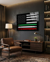 USA Italia Flag glass wall art displayed above a console in a man cave