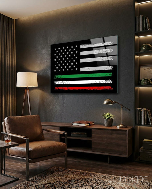 USA Italia Flag glass wall art displayed above a console in a man cave