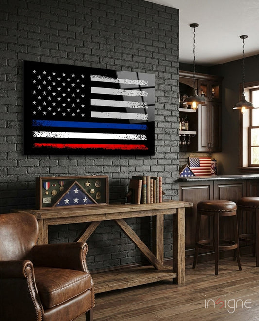 USA France Flag glass wall art displayed above a console in a man cave