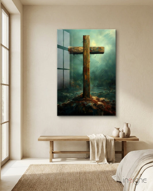Cross glass wall art displayed above a bench in a chapel room