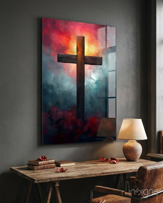 Cross glass wall art displayed above a desk in a study