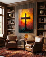 Cross glass wall art displayed above a chair in a library