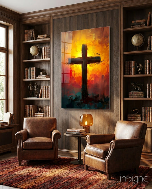 Cross glass wall art displayed above a chair in a library
