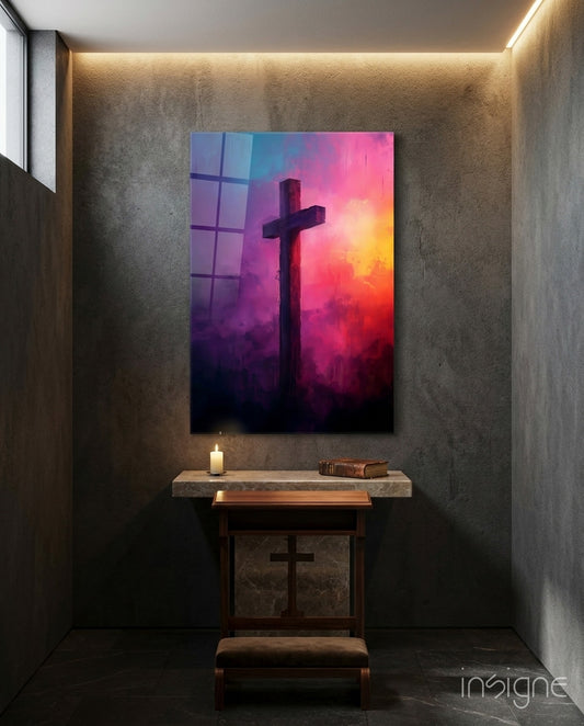 Cross glass wall art displayed above a bench in a meditation corner