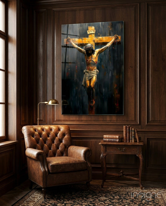 Cross glass wall art displayed above a chair in a chapel room