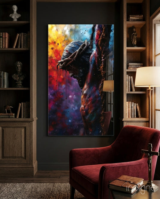 Cross glass wall art displayed above a chair in a study