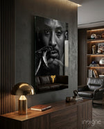 Kobe Bryant glass wall art displayed above a sideboard in a man cave