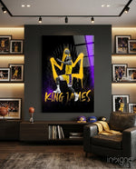 King James glass wall art displayed above a console in a man cave