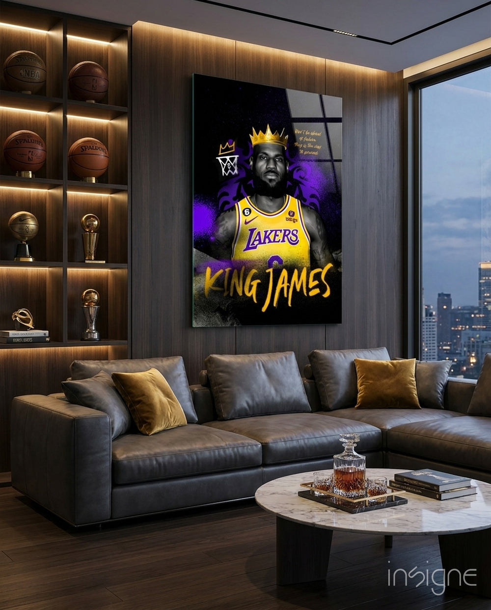 King James glass wall art displayed above a leather sofa in a man cave