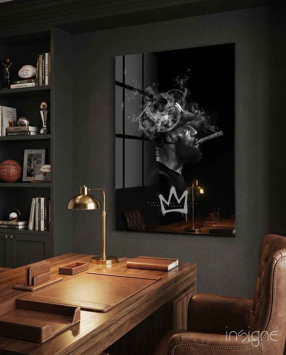 King James glass wall art displayed above a desk in a study