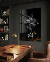 King James glass wall art displayed above a desk in a study