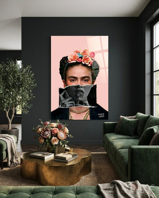 Contemporary Kahlo glass wall art displayed above a sofa in a living room