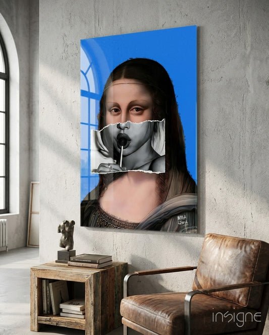 Contemporary Mona Lisa glass wall art displayed above a sideboard in a living room