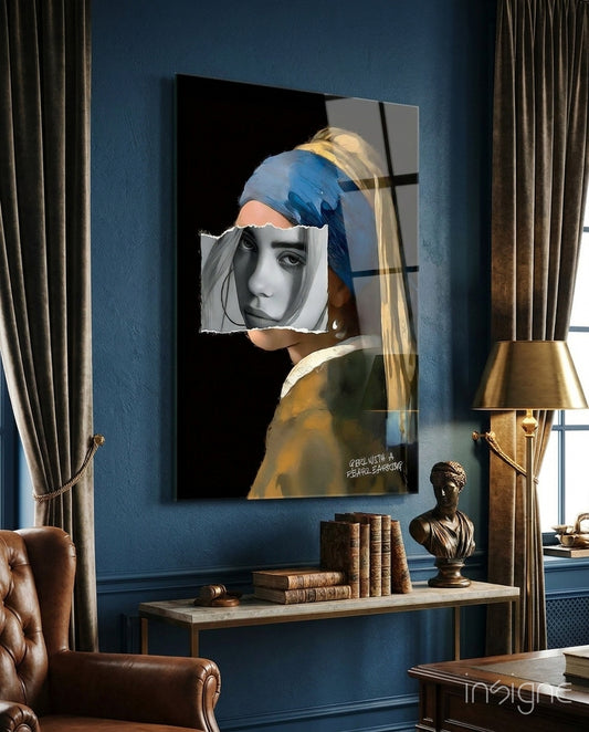 Contemporary Girl with a Pearl Earring glass wall art displayed above a console in a living room