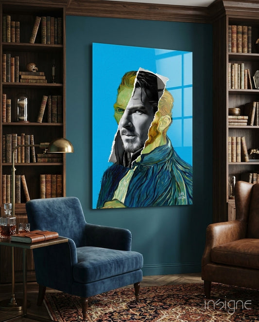 Contemporary Gogh glass wall art displayed above a chair in a study