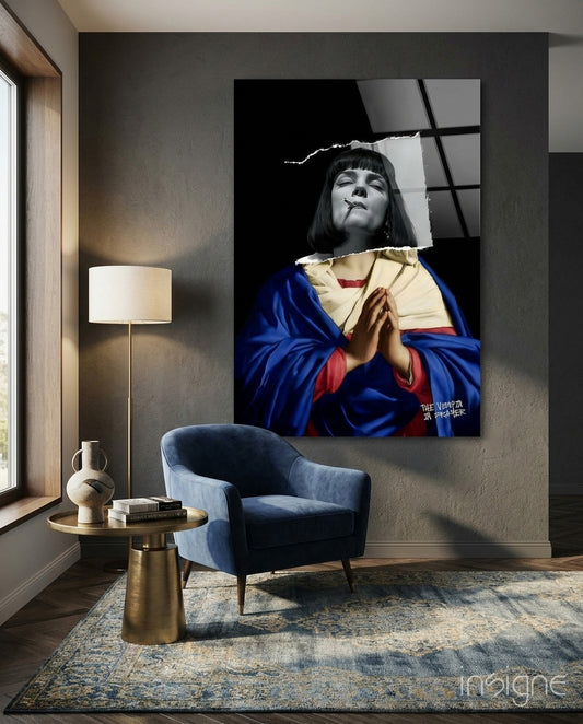 Contemporary Virgin glass wall art displayed above a chair in a living room