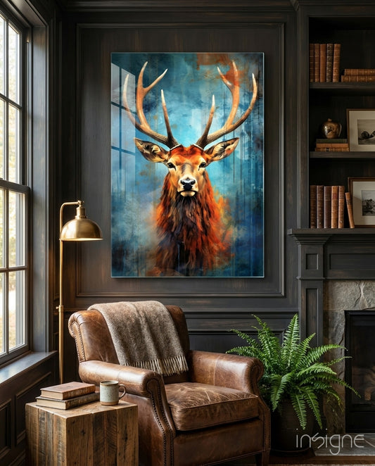 Deer glass wall art displayed above a fireplace in a cabin den