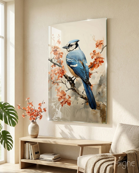 Bird on the Branch glass wall art displayed above a bench in a sunroom