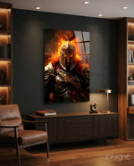 Warrior glass wall art displayed above a sideboard in a man cave