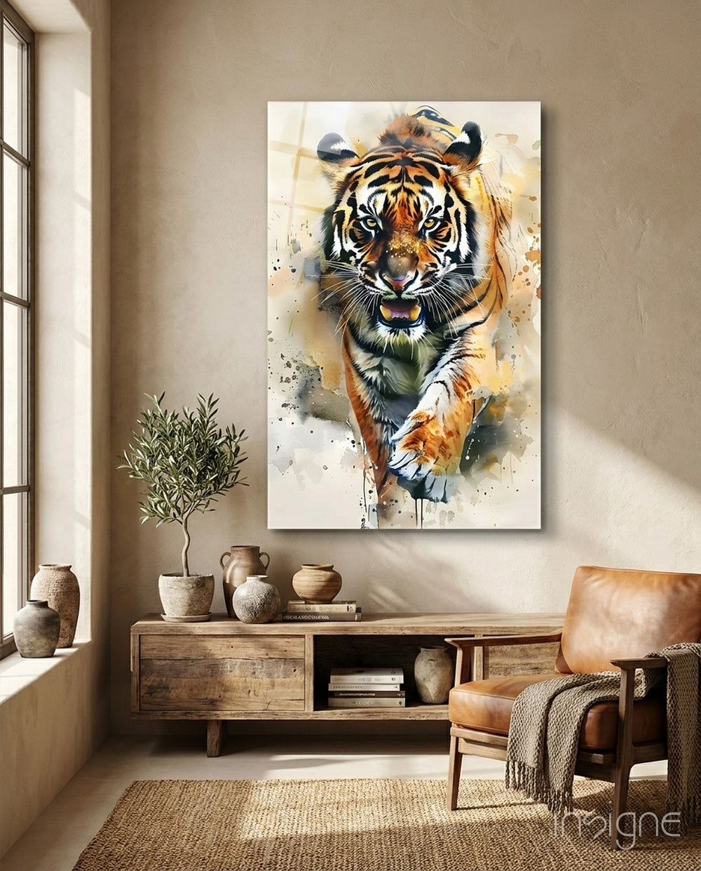 Tiger glass wall art displayed above a sideboard in a man cave