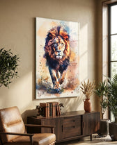 Lion glass wall art displayed above a sideboard in a man cave
