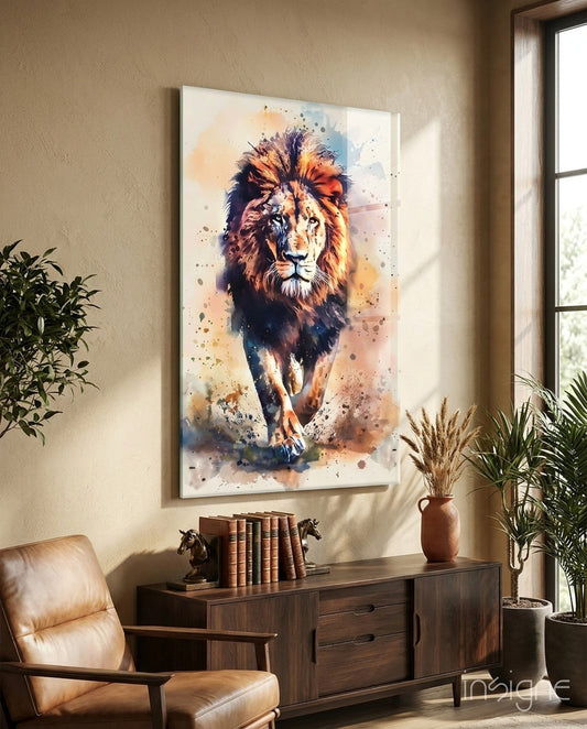 Lion glass wall art displayed above a sideboard in a man cave