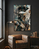 Gladiator glass wall art displayed above a sideboard in a study