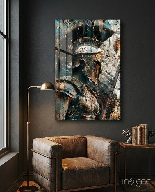 Gladiator glass wall art displayed above a sideboard in a study
