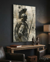 Gladiator glass wall art displayed above a desk in a study