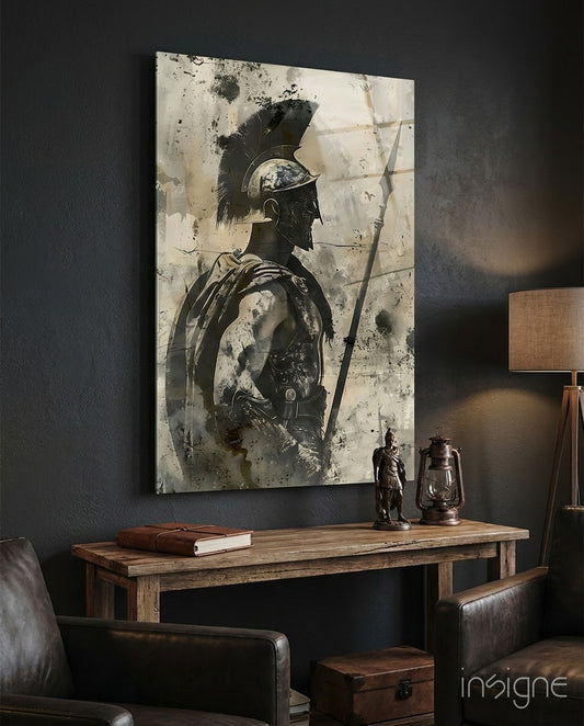 Gladiator glass wall art displayed above a desk in a study