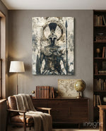 Gladiator glass wall art displayed above a sideboard in a study