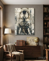 Gladiator glass wall art displayed above a sideboard in a study