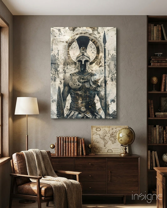 Gladiator glass wall art displayed above a sideboard in a study