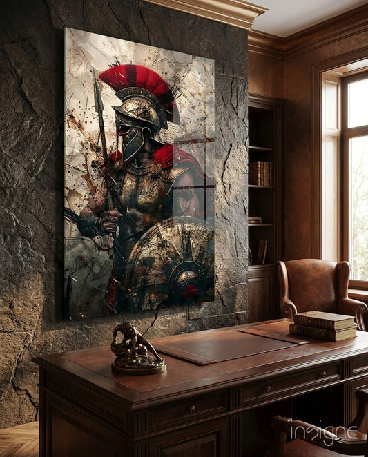 Gladiator glass wall art displayed above a leather chair in a man cave